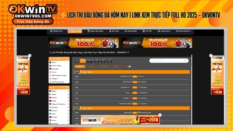 Lịch thi đấu bóng đá hôm nay trên OKwinTV - Các giải đấu hàng đầu